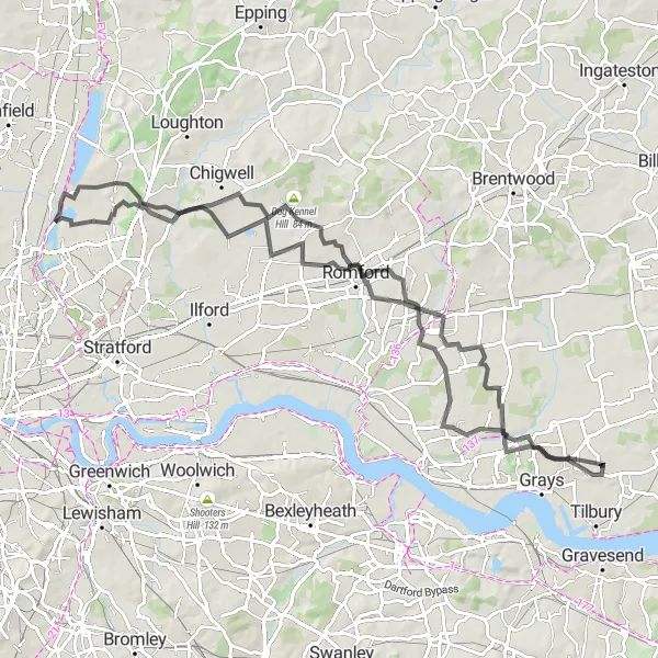 Map miniature of "The Woodford Green Challenge" cycling inspiration in Essex, United Kingdom. Generated by Tarmacs.app cycling route planner