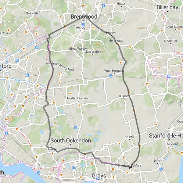 Map miniature of "Chadwell St Mary to Chafford Gorges Visitor Centre Route" cycling inspiration in Essex, United Kingdom. Generated by Tarmacs.app cycling route planner