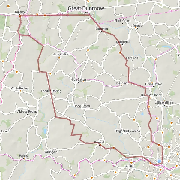 Map miniature of "Writtle to Aythorpe Roding Gravel Route" cycling inspiration in Essex, United Kingdom. Generated by Tarmacs.app cycling route planner