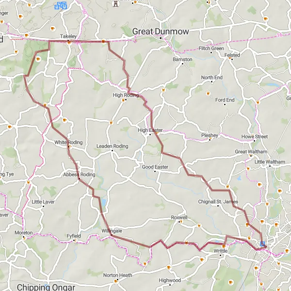 Map miniature of "Discover the Countryside: Writtle to High Easter Gravel Ride" cycling inspiration in Essex, United Kingdom. Generated by Tarmacs.app cycling route planner