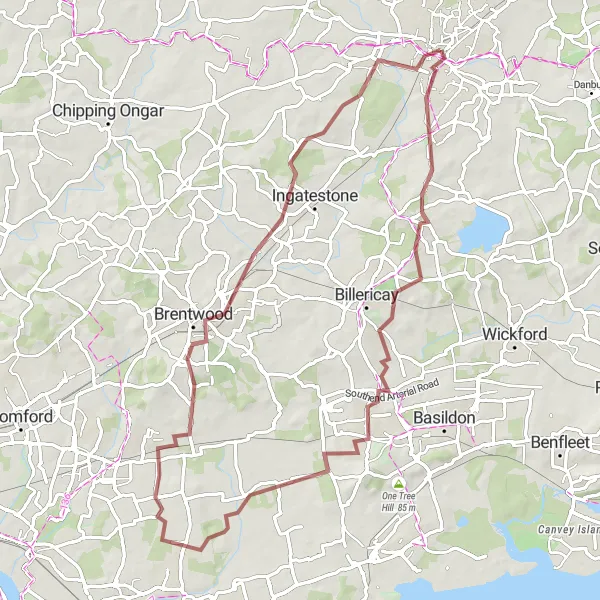 Map miniature of "Challenging Countryside Ride: Laindon to Chelmsford" cycling inspiration in Essex, United Kingdom. Generated by Tarmacs.app cycling route planner