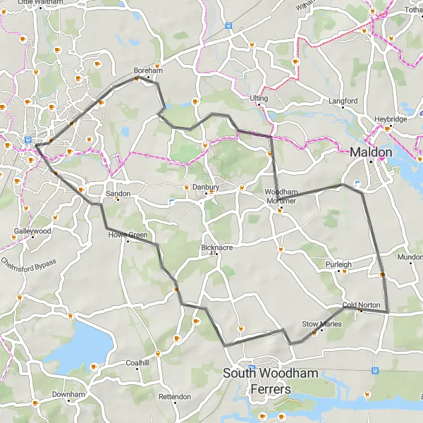 Map miniature of "The Chelmsford Countryside" cycling inspiration in Essex, United Kingdom. Generated by Tarmacs.app cycling route planner