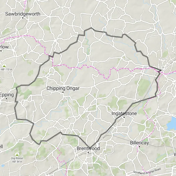 Map miniature of "The Essex Grand Tour" cycling inspiration in Essex, United Kingdom. Generated by Tarmacs.app cycling route planner