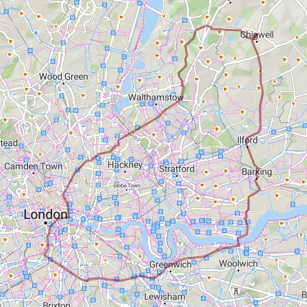 Map miniature of "Gravel Adventure through London's East End" cycling inspiration in Essex, United Kingdom. Generated by Tarmacs.app cycling route planner