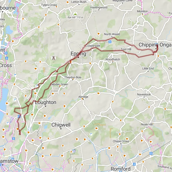 Map miniature of "Gravel Adventure: Exploring Epping and North Weald" cycling inspiration in Essex, United Kingdom. Generated by Tarmacs.app cycling route planner