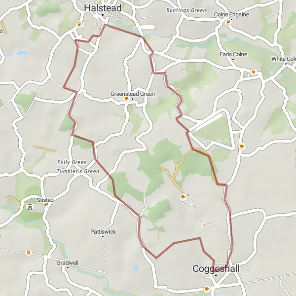 Map miniature of "Coggeshall Circular Gravel Route" cycling inspiration in Essex, United Kingdom. Generated by Tarmacs.app cycling route planner