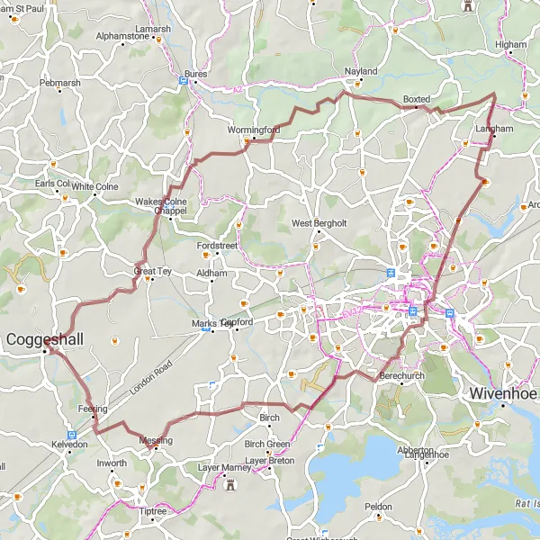 Map miniature of "Coggeshall to Wakes Colne Gravel Route" cycling inspiration in Essex, United Kingdom. Generated by Tarmacs.app cycling route planner