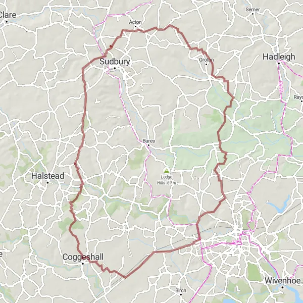 Map miniature of "Gravel Excursion to Nayland and Beyond" cycling inspiration in Essex, United Kingdom. Generated by Tarmacs.app cycling route planner