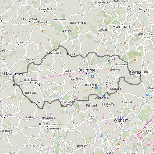 Map miniature of "Colchester Loop Road Adventure" cycling inspiration in Essex, United Kingdom. Generated by Tarmacs.app cycling route planner