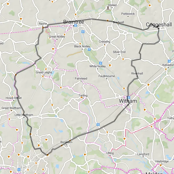 Map miniature of "Coggeshall to Witham Road Route" cycling inspiration in Essex, United Kingdom. Generated by Tarmacs.app cycling route planner