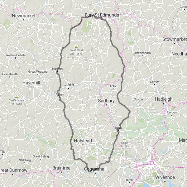 Map miniature of "Coggeshall to Gosfield Road Route" cycling inspiration in Essex, United Kingdom. Generated by Tarmacs.app cycling route planner