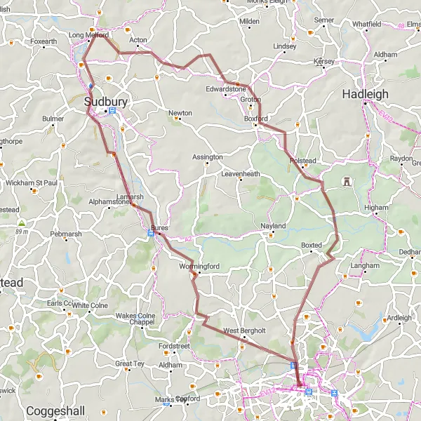 Map miniature of "The Gravel Explorer" cycling inspiration in Essex, United Kingdom. Generated by Tarmacs.app cycling route planner