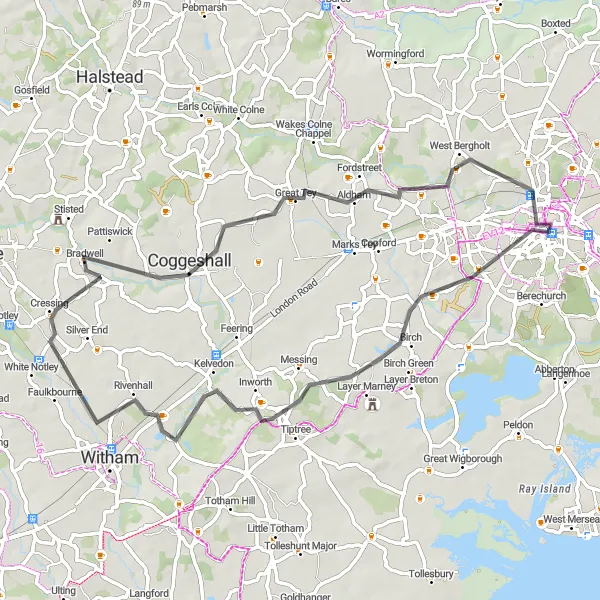 Map miniature of "Layer Marney Loop" cycling inspiration in Essex, United Kingdom. Generated by Tarmacs.app cycling route planner