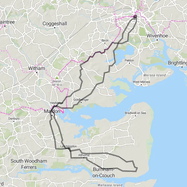 Map miniature of "Colchester to Layer-de-la-Haye Round Trip" cycling inspiration in Essex, United Kingdom. Generated by Tarmacs.app cycling route planner