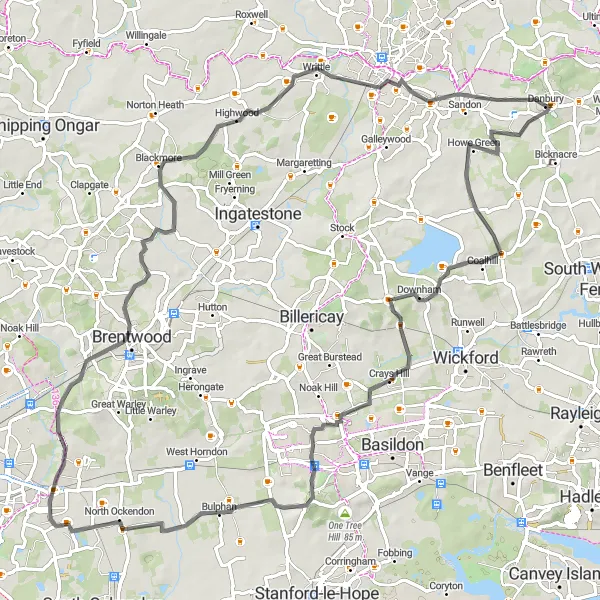 Map miniature of "The Blackmore Adventure" cycling inspiration in Essex, United Kingdom. Generated by Tarmacs.app cycling route planner