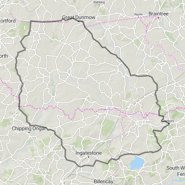 Map miniature of "The Takeley Street Challenge" cycling inspiration in Essex, United Kingdom. Generated by Tarmacs.app cycling route planner