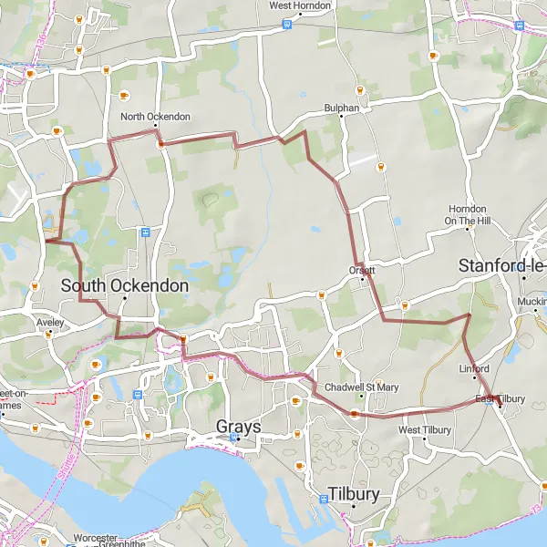 Map miniature of "Chadwell St Mary and East Tilbury Gravel Ride" cycling inspiration in Essex, United Kingdom. Generated by Tarmacs.app cycling route planner