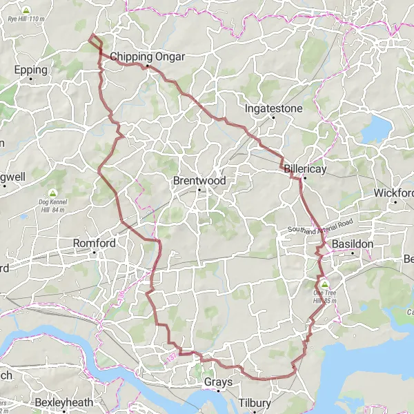 Map miniature of "Exploring Gravel Roads" cycling inspiration in Essex, United Kingdom. Generated by Tarmacs.app cycling route planner