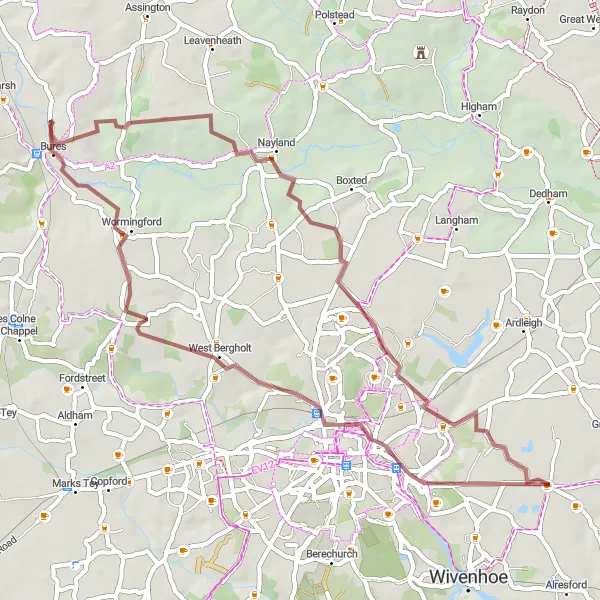 Map miniature of "Gravel Adventure - Colchester Exploration" cycling inspiration in Essex, United Kingdom. Generated by Tarmacs.app cycling route planner