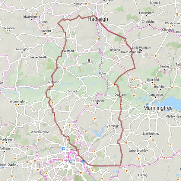 Map miniature of "Gravel Adventure to Great Wenham" cycling inspiration in Essex, United Kingdom. Generated by Tarmacs.app cycling route planner