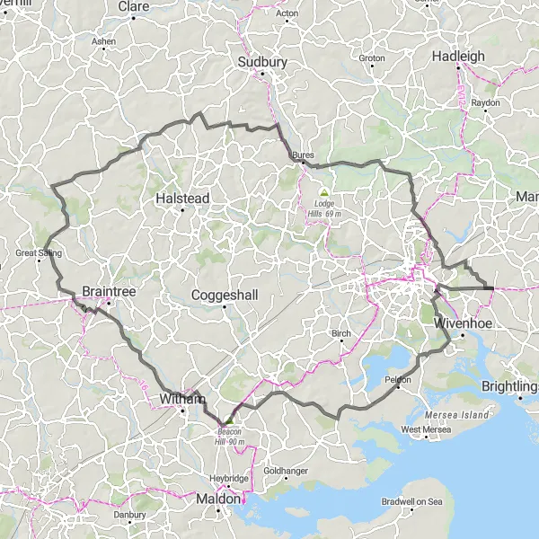 Map miniature of "Essex Countryside Explorer" cycling inspiration in Essex, United Kingdom. Generated by Tarmacs.app cycling route planner