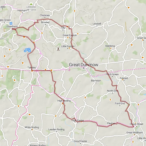 Map miniature of "Elsenham to Stagden Cross Gravel Expedition" cycling inspiration in Essex, United Kingdom. Generated by Tarmacs.app cycling route planner