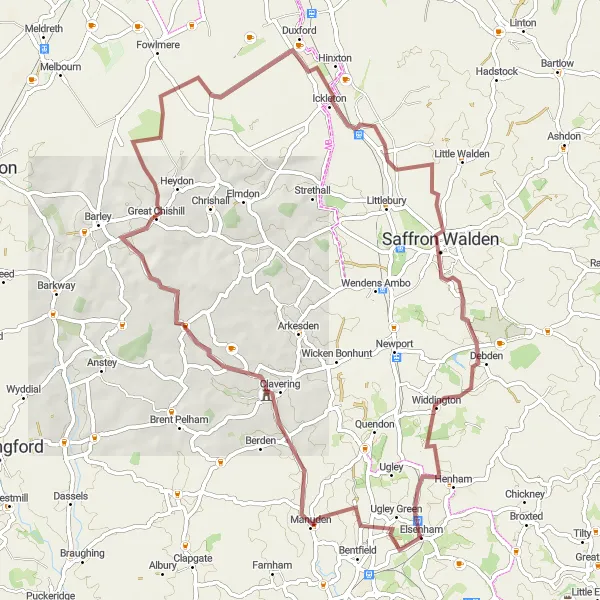 Map miniature of "Gravel Discoveries: Rural Essex Exploration" cycling inspiration in Essex, United Kingdom. Generated by Tarmacs.app cycling route planner