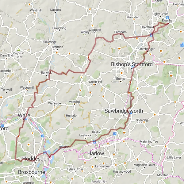 Map miniature of "Challenging Gravel Circuit from Elsenham to Stansted Mountfitchet" cycling inspiration in Essex, United Kingdom. Generated by Tarmacs.app cycling route planner