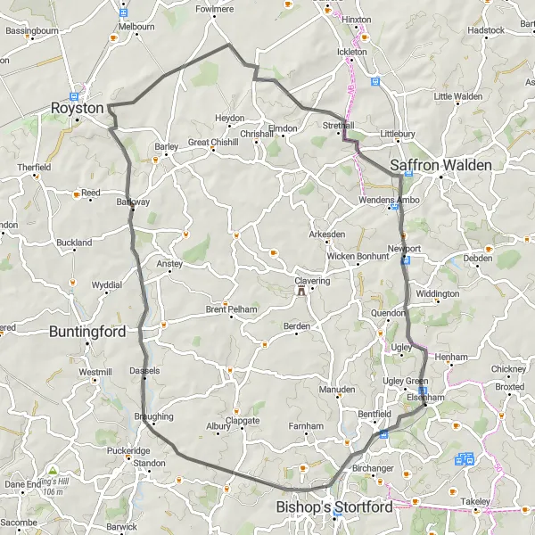 Map miniature of "The Rural Charm of Hertfordshire: Road Route" cycling inspiration in Essex, United Kingdom. Generated by Tarmacs.app cycling route planner