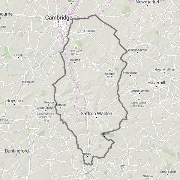 Map miniature of "Scenic Road Cycling Loop from Elsenham to Bartlow" cycling inspiration in Essex, United Kingdom. Generated by Tarmacs.app cycling route planner