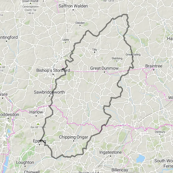 Map miniature of "Exploring Epping and Surrounding Villages" cycling inspiration in Essex, United Kingdom. Generated by Tarmacs.app cycling route planner