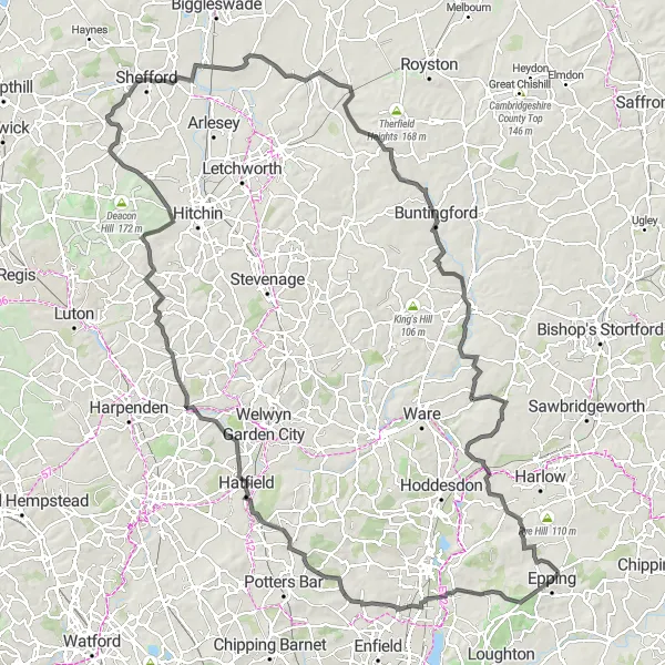 Map miniature of "The Road Cycling Challenge" cycling inspiration in Essex, United Kingdom. Generated by Tarmacs.app cycling route planner