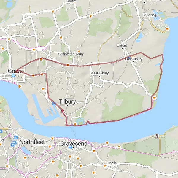Map miniature of "Thameside Delight" cycling inspiration in Essex, United Kingdom. Generated by Tarmacs.app cycling route planner