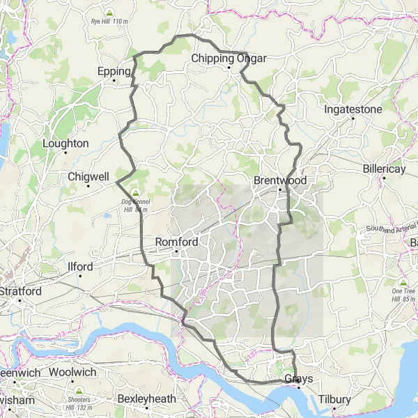 Map miniature of "Thurrock Taster" cycling inspiration in Essex, United Kingdom. Generated by Tarmacs.app cycling route planner