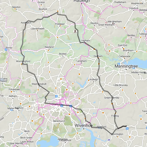 Map miniature of "The Historical Tour - Great Bentley and Surroundings" cycling inspiration in Essex, United Kingdom. Generated by Tarmacs.app cycling route planner