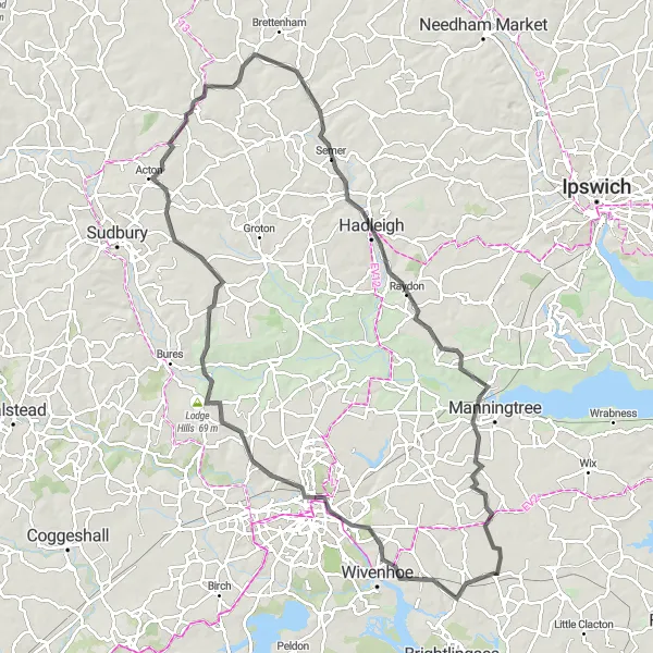 Map miniature of "Colchester to East Bergholt Ride" cycling inspiration in Essex, United Kingdom. Generated by Tarmacs.app cycling route planner