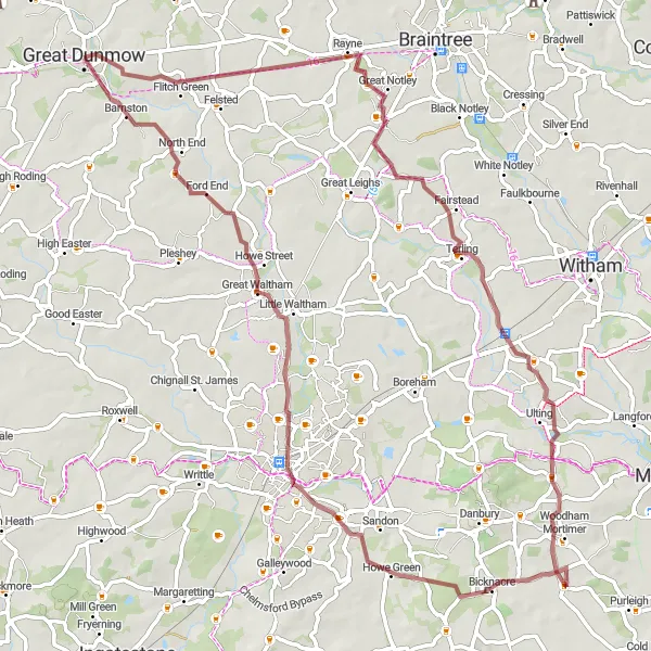 Map miniature of "The Dunmow Countryside Escape" cycling inspiration in Essex, United Kingdom. Generated by Tarmacs.app cycling route planner