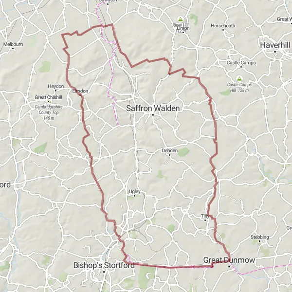 Map miniature of "The Dunmow Gravel Loop" cycling inspiration in Essex, United Kingdom. Generated by Tarmacs.app cycling route planner