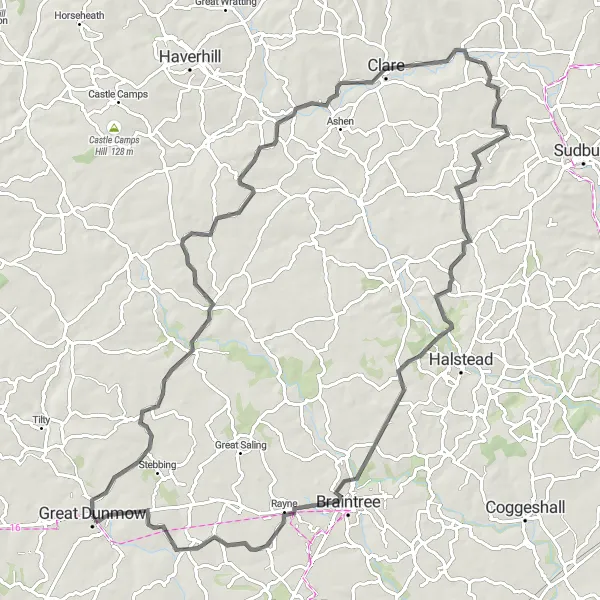 Map miniature of "The Finchingfield Flier" cycling inspiration in Essex, United Kingdom. Generated by Tarmacs.app cycling route planner