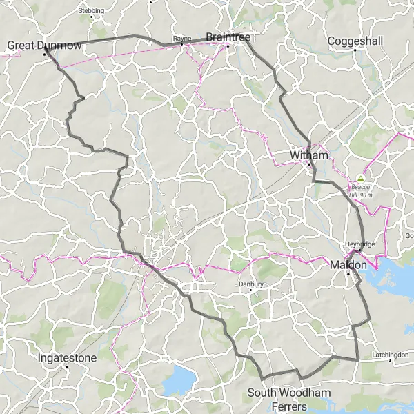 Map miniature of "The Dunmow Road Challenge" cycling inspiration in Essex, United Kingdom. Generated by Tarmacs.app cycling route planner