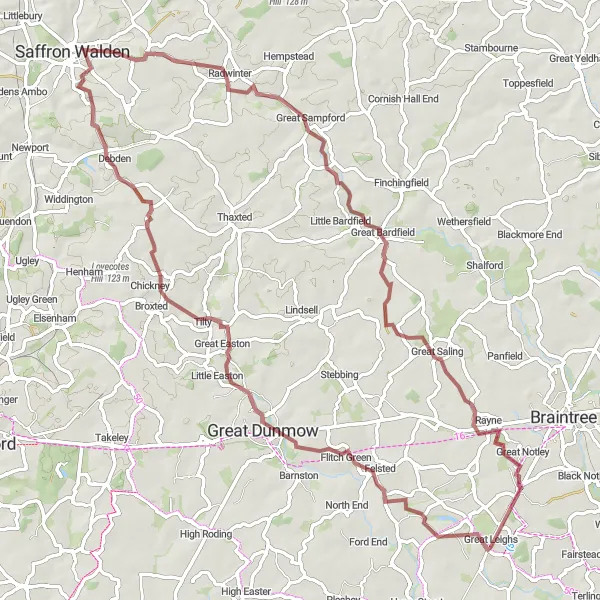 Map miniature of "Great Saling Gravel Loop" cycling inspiration in Essex, United Kingdom. Generated by Tarmacs.app cycling route planner