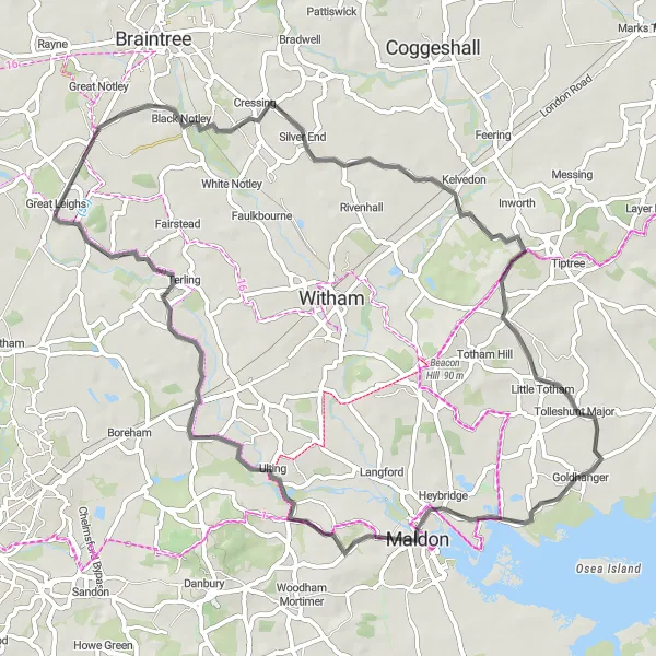 Map miniature of "The Charming Villages of Black Notley and Silver End" cycling inspiration in Essex, United Kingdom. Generated by Tarmacs.app cycling route planner