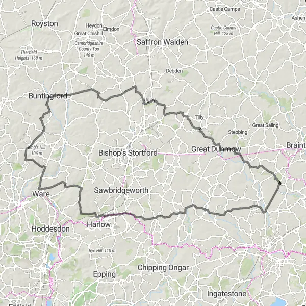 Map miniature of "Leighs' Hill Epic Road Trip" cycling inspiration in Essex, United Kingdom. Generated by Tarmacs.app cycling route planner