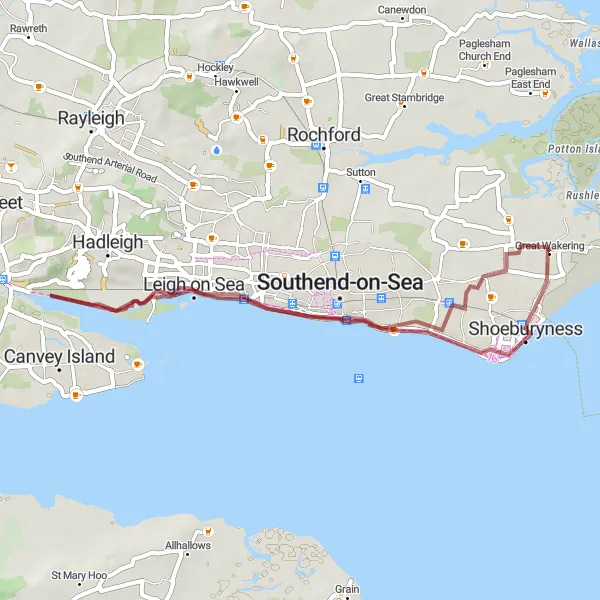 Map miniature of "The Gravel Coastal Escape" cycling inspiration in Essex, United Kingdom. Generated by Tarmacs.app cycling route planner