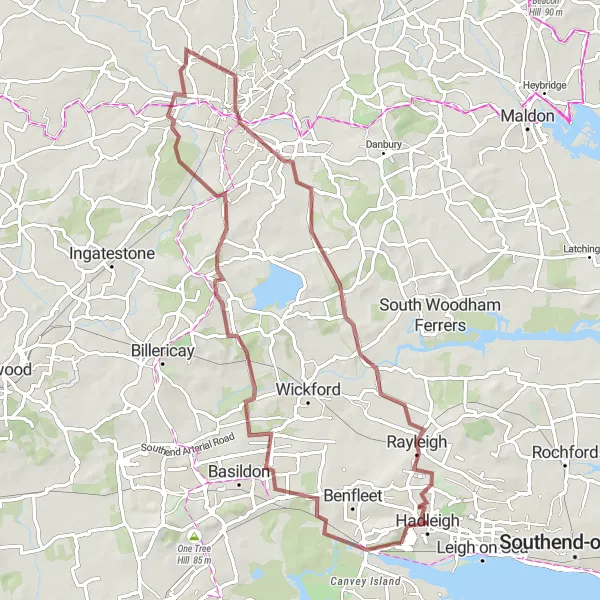 Map miniature of "The Rayleigh Hills Challenge" cycling inspiration in Essex, United Kingdom. Generated by Tarmacs.app cycling route planner