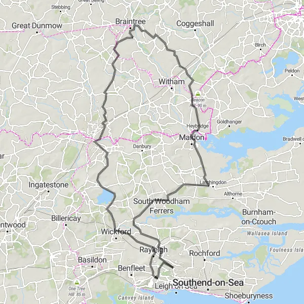 Map miniature of "The Wickford Loop" cycling inspiration in Essex, United Kingdom. Generated by Tarmacs.app cycling route planner