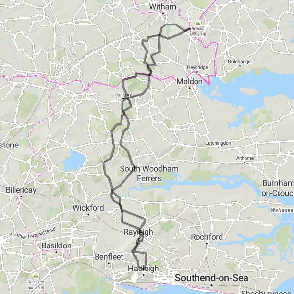 Map miniature of "The Hanningfield Loop" cycling inspiration in Essex, United Kingdom. Generated by Tarmacs.app cycling route planner
