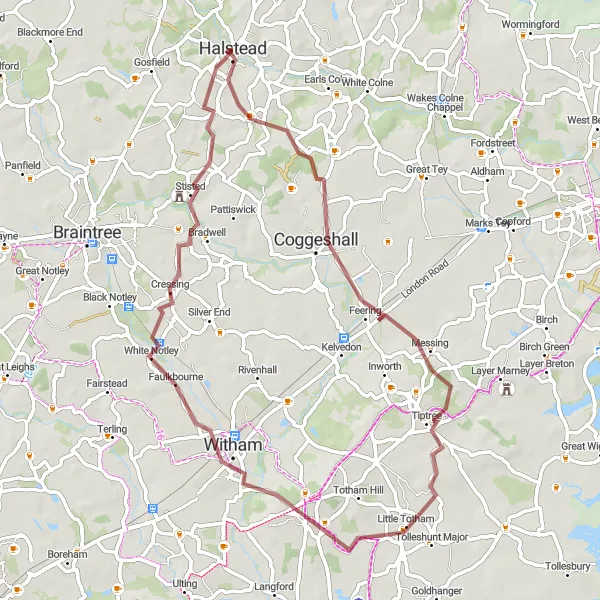 Map miniature of "The Essex Gravel Discovery" cycling inspiration in Essex, United Kingdom. Generated by Tarmacs.app cycling route planner