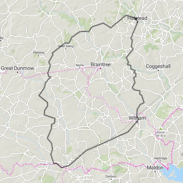 Map miniature of "Chelmsford Countryside Road Ride" cycling inspiration in Essex, United Kingdom. Generated by Tarmacs.app cycling route planner