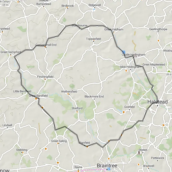 Map miniature of "The Panfield Loop" cycling inspiration in Essex, United Kingdom. Generated by Tarmacs.app cycling route planner